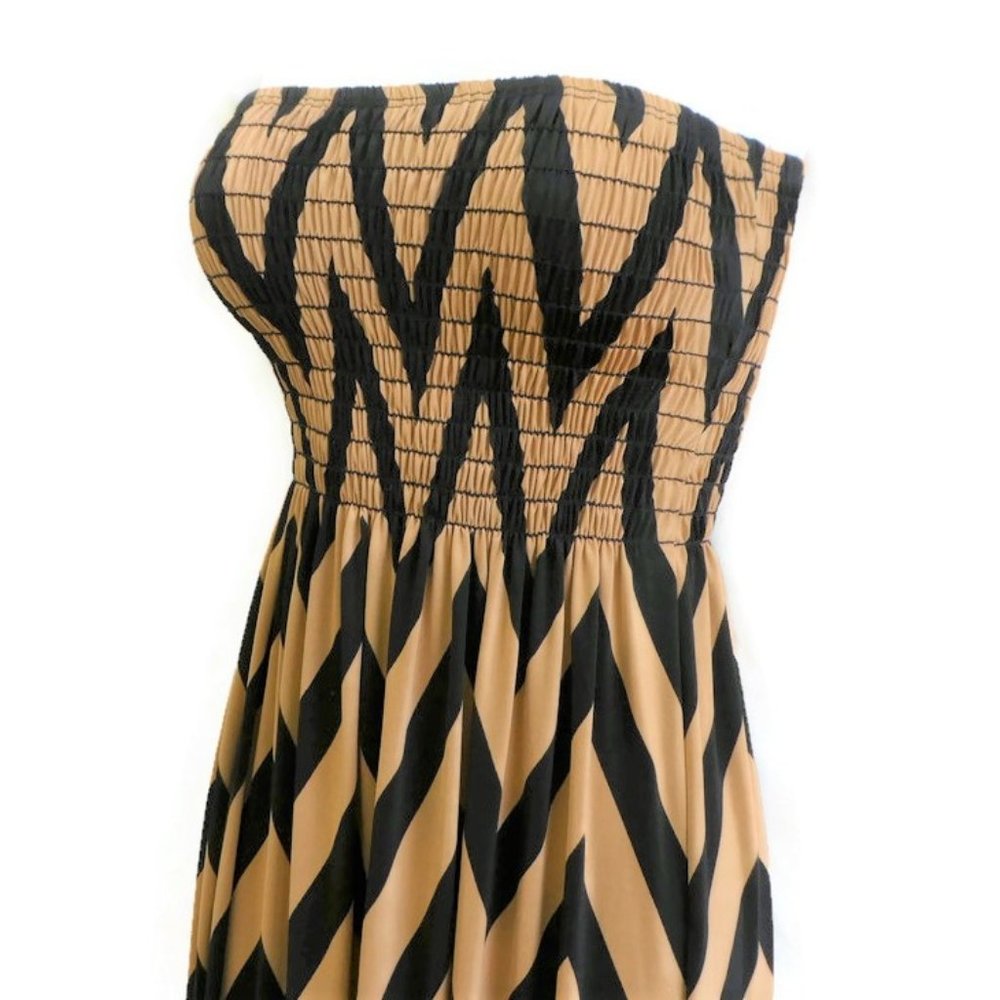 Francesca's Black Beige Chevron Maxi Dress Smocked Bodice Strapless Bird Cage - Picture 3 of 8